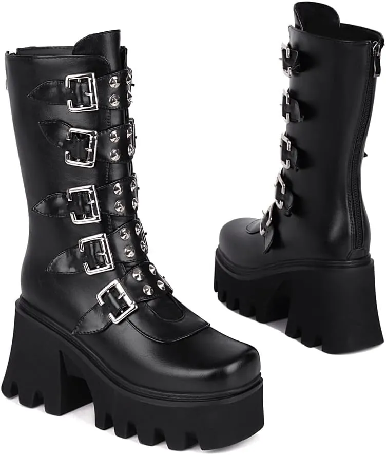 YIYA Women's Black Goth Platform Ankle Boots with Bat Wing Buckles Chunky Block Heels Round Toe Zipper Punk Motorcycle Combat Boots Comfy Short Gothic Booties