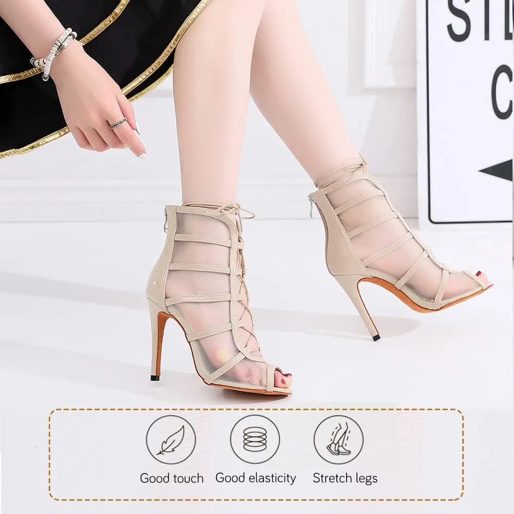 YKXLM Latin Dance Boots Salsa Bachata Performance Women Ballroom Lace-up Ankle Open Toe Dance Shoes