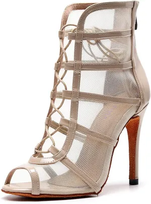 YKXLM Latin Dance Boots Salsa Bachata Performance Women Ballroom Lace-up Ankle Open Toe Dance Shoes