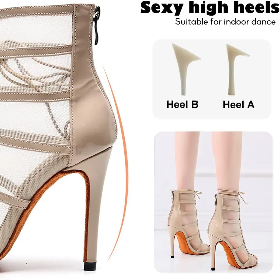 YKXLM Latin Dance Boots Salsa Bachata Performance Women Ballroom Lace-up Ankle Open Toe Dance Shoes
