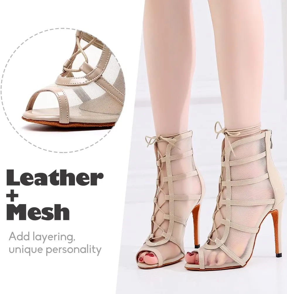 YKXLM Latin Dance Boots Salsa Bachata Performance Women Ballroom Lace-up Ankle Open Toe Dance Shoes