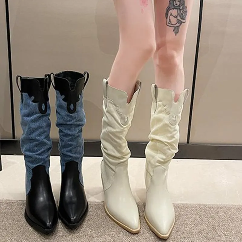 Yolkomo Western Cowgirl Boots for Women Wide Calf Low Heel Short Cowboy Boots
