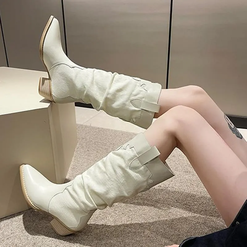 Yolkomo Western Cowgirl Boots for Women Wide Calf Low Heel Short Cowboy Boots