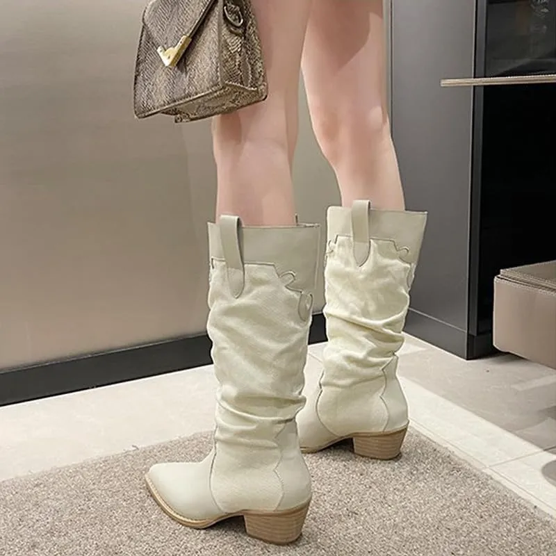Yolkomo Western Cowgirl Boots for Women Wide Calf Low Heel Short Cowboy Boots