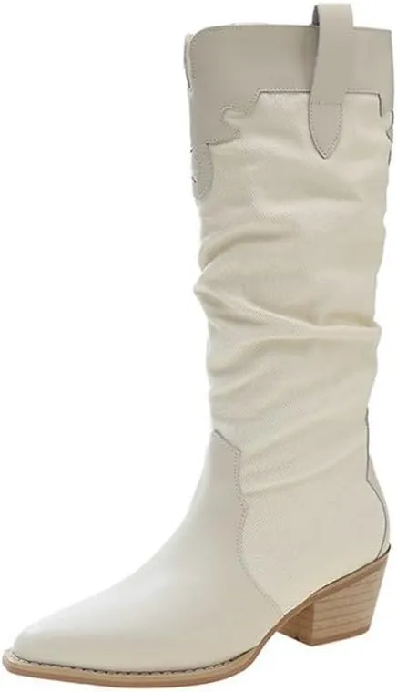Yolkomo Western Cowgirl Boots for Women Wide Calf Low Heel Short Cowboy Boots