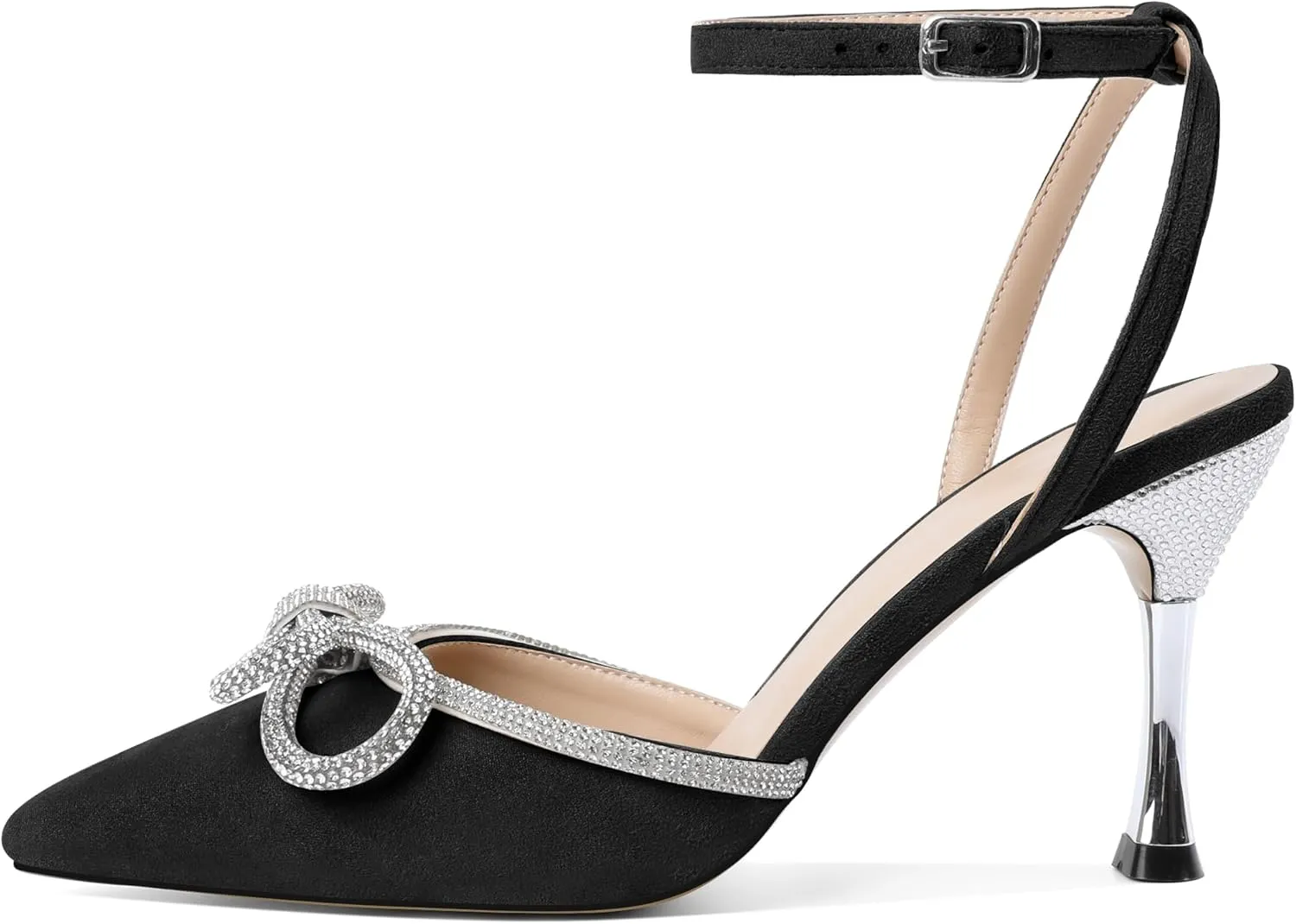 Zamikoo Womens Rhinestone Bow Heels Closed Pointed Toe Pumps Stilettos High Heels Sparkling Wedding Bridal Dress Shoes 3.5 Inch