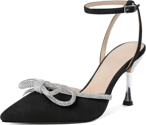 Zamikoo Womens Rhinestone Bow Heels Closed Pointed Toe Pumps Stilettos High Heels Sparkling Wedding Bridal Dress Shoes 3.5 Inch