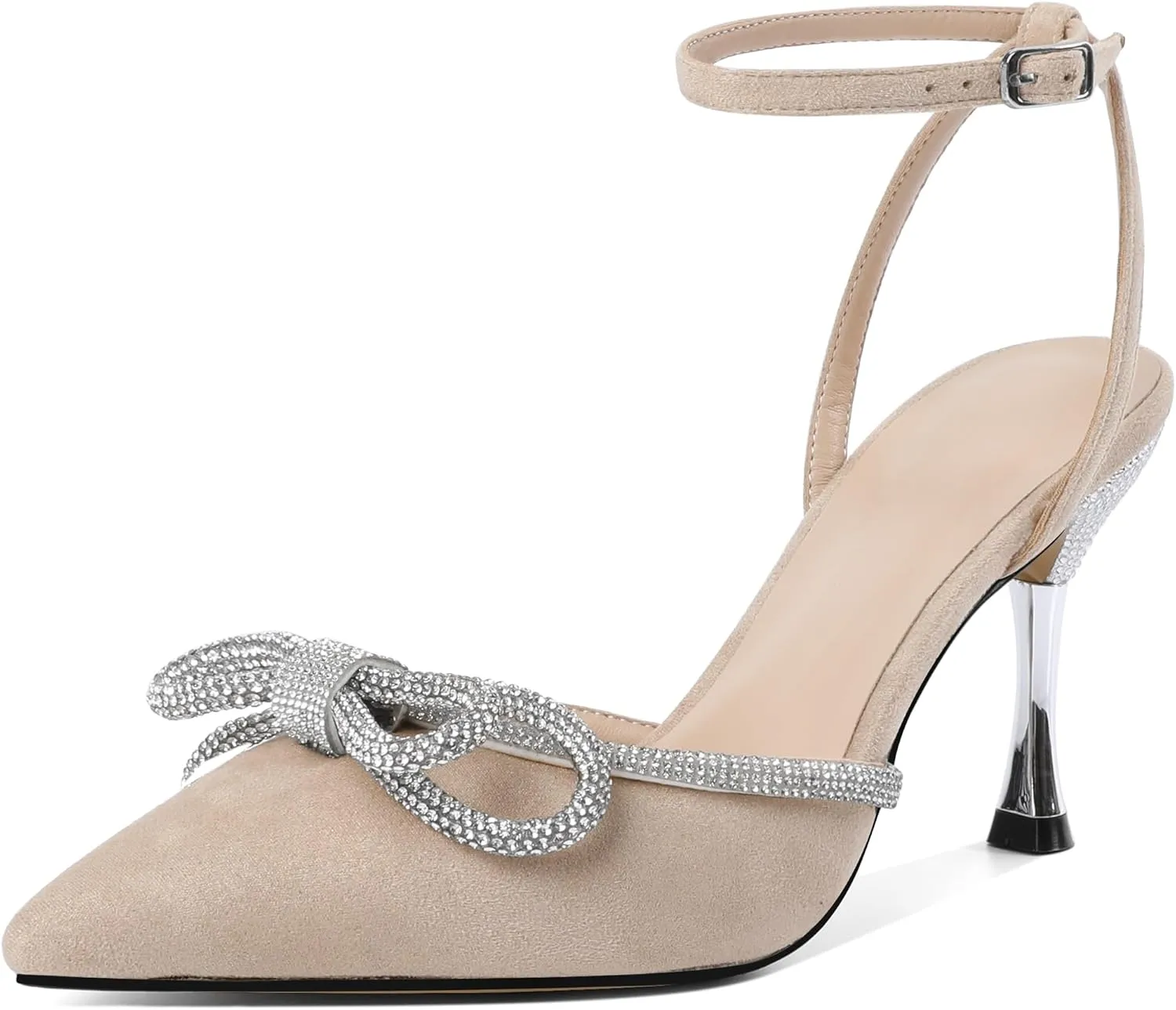 Zamikoo Womens Rhinestone Bow Heels Closed Pointed Toe Pumps Stilettos High Heels Sparkling Wedding Bridal Dress Shoes 3.5 Inch