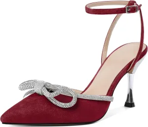 Zamikoo Womens Rhinestone Bow Heels Closed Pointed Toe Pumps Stilettos High Heels Sparkling Wedding Bridal Dress Shoes 3.5 Inch
