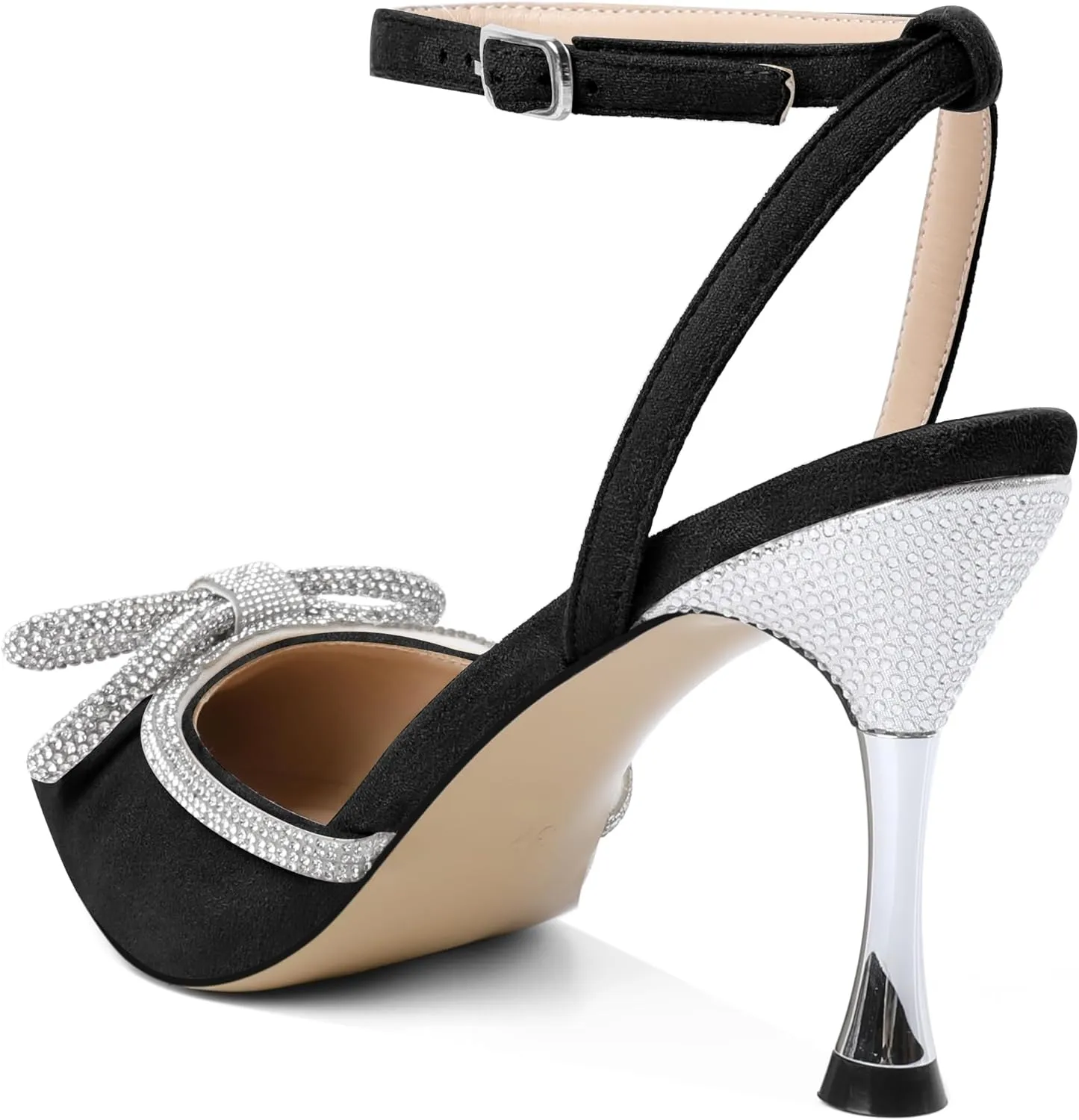 Zamikoo Womens Rhinestone Bow Heels Closed Pointed Toe Pumps Stilettos High Heels Sparkling Wedding Bridal Dress Shoes 3.5 Inch
