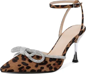 Zamikoo Womens Rhinestone Bow Heels Closed Pointed Toe Pumps Stilettos High Heels Sparkling Wedding Bridal Dress Shoes 3.5 Inch