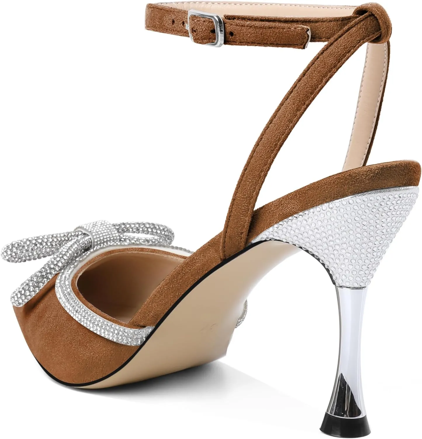 Zamikoo Womens Rhinestone Bow Heels Closed Pointed Toe Pumps Stilettos High Heels Sparkling Wedding Bridal Dress Shoes 3.5 Inch