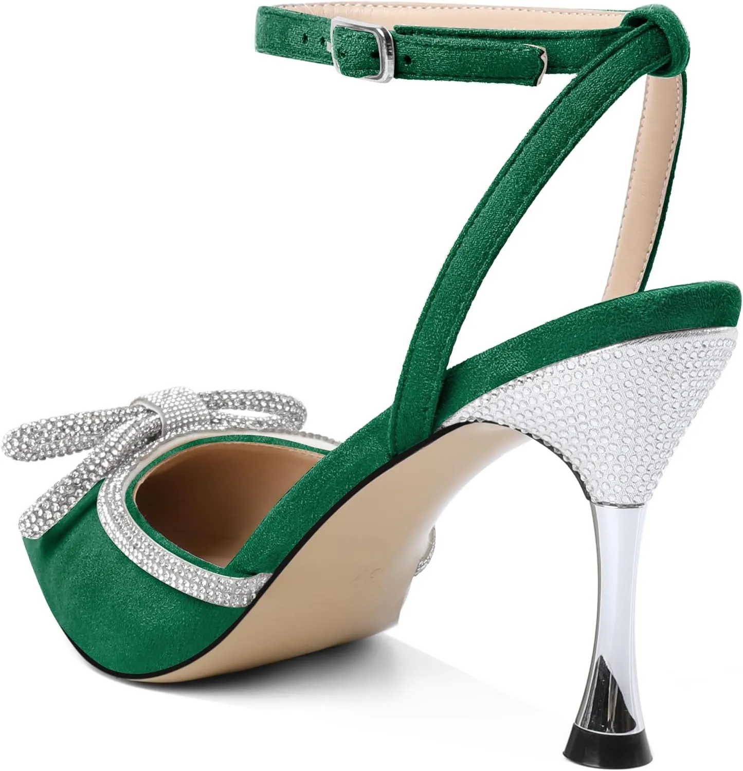 Zamikoo Womens Rhinestone Bow Heels Closed Pointed Toe Pumps Stilettos High Heels Sparkling Wedding Bridal Dress Shoes 3.5 Inch