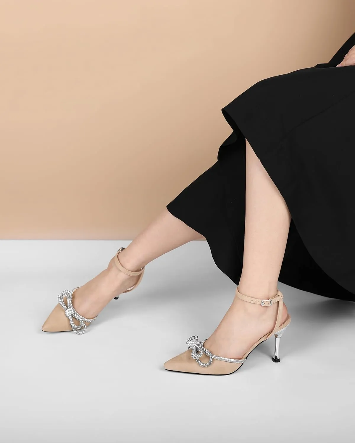 Zamikoo Womens Rhinestone Bow Heels Closed Pointed Toe Pumps Stilettos High Heels Sparkling Wedding Bridal Dress Shoes 3.5 Inch