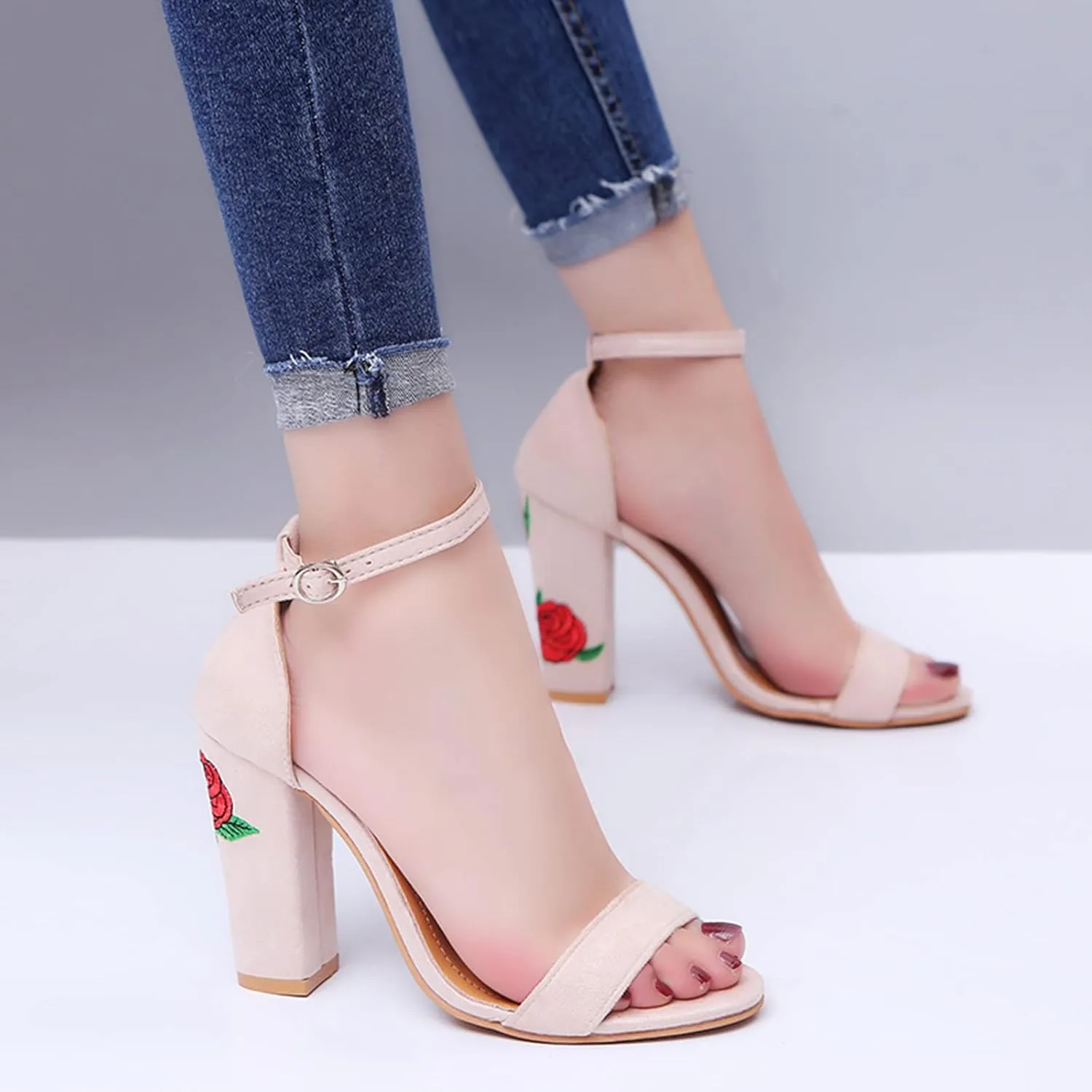 ZBYY Sandals for Women Dressy Summer Floral Embroidered Chunky High Heels Shoes Peep Toe Ankle Strap Wedding Sandals