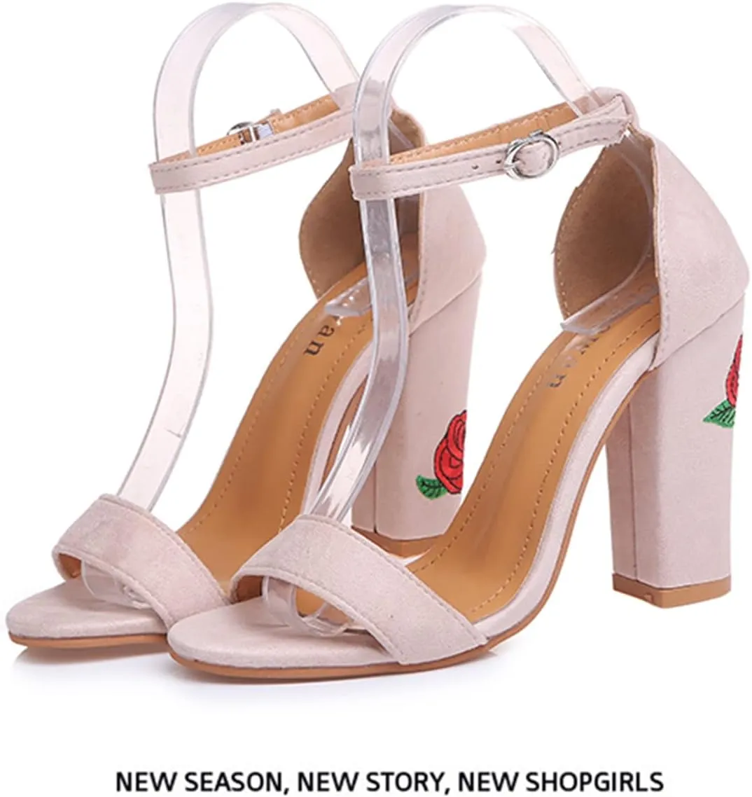 ZBYY Sandals for Women Dressy Summer Floral Embroidered Chunky High Heels Shoes Peep Toe Ankle Strap Wedding Sandals