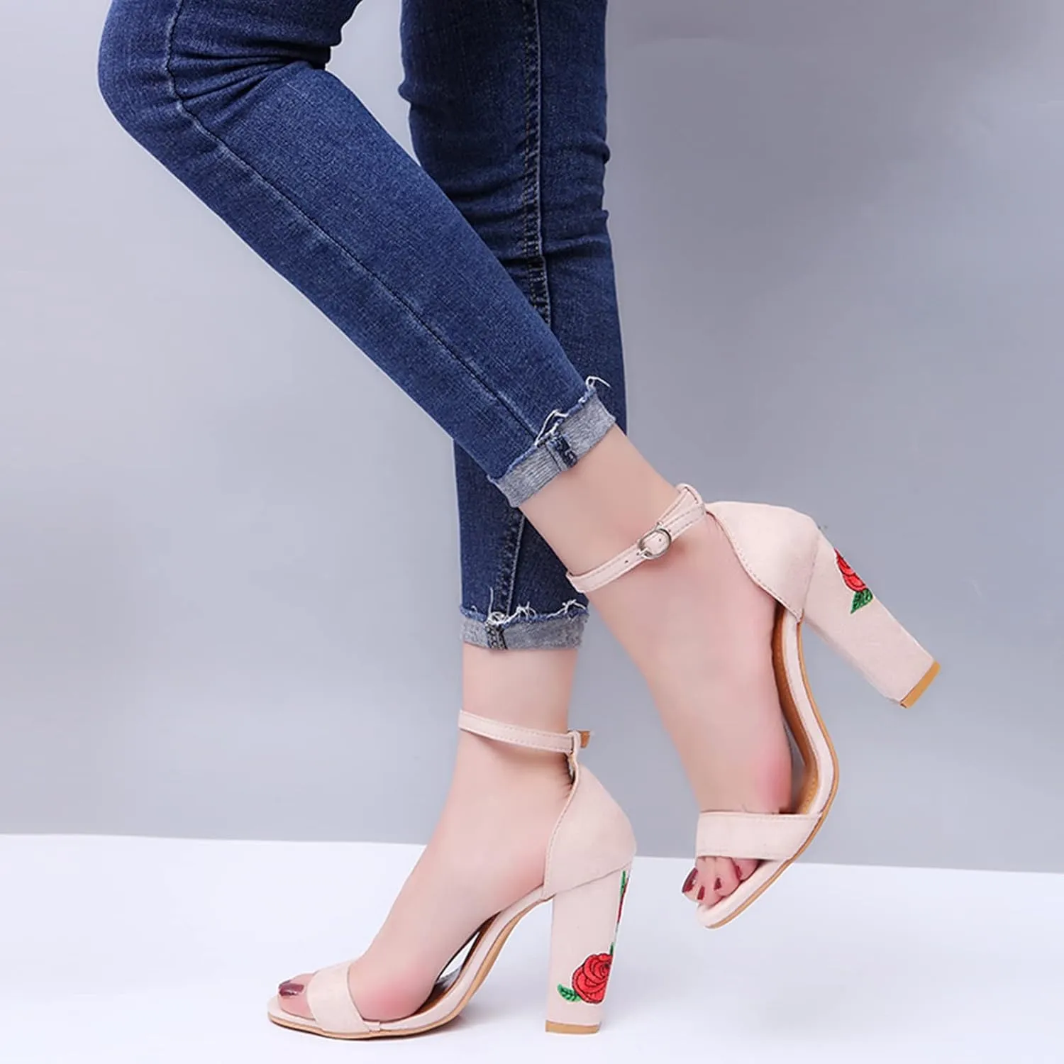 ZBYY Sandals for Women Dressy Summer Floral Embroidered Chunky High Heels Shoes Peep Toe Ankle Strap Wedding Sandals