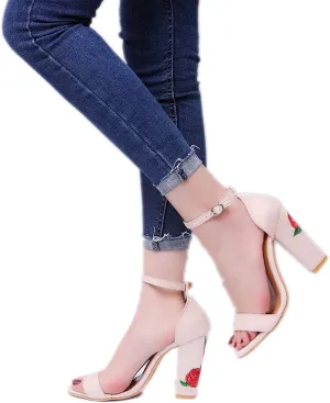 ZBYY Sandals for Women Dressy Summer Floral Embroidered Chunky High Heels Shoes Peep Toe Ankle Strap Wedding Sandals