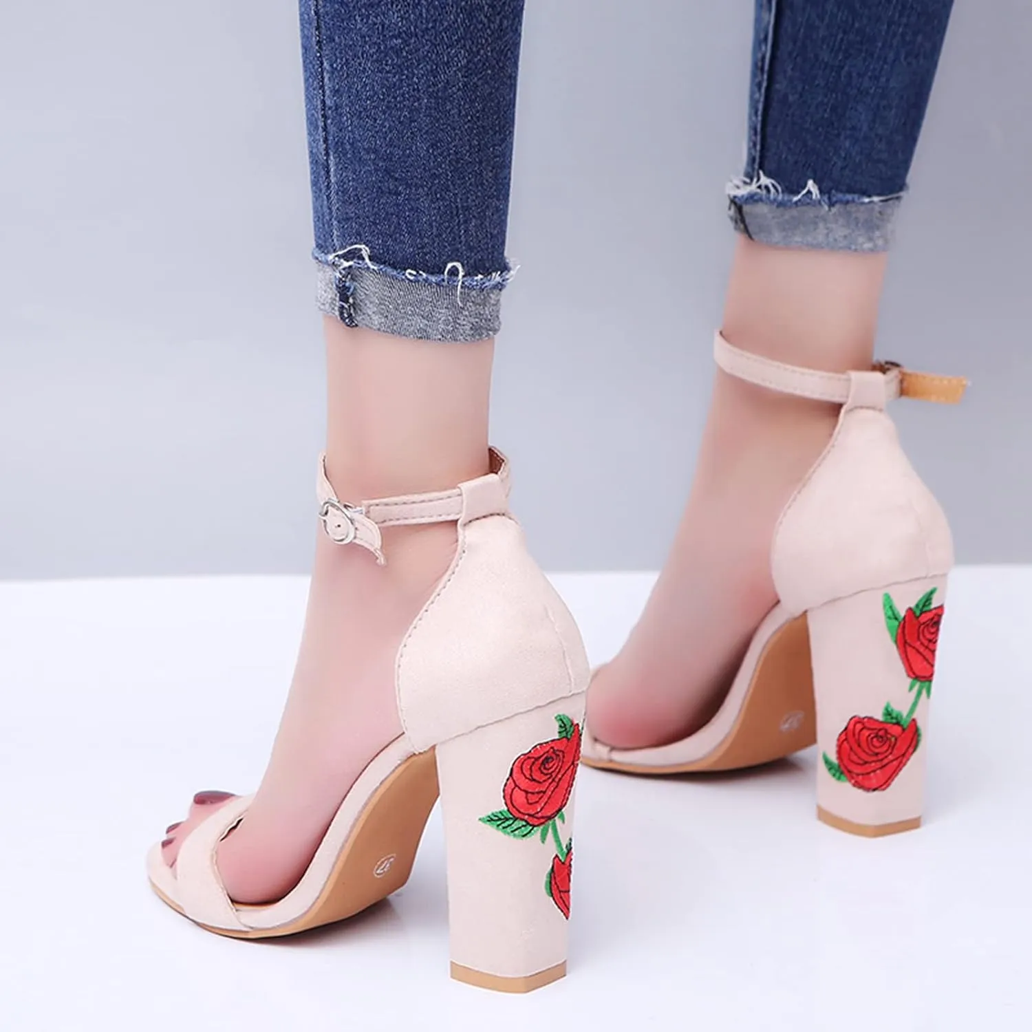 ZBYY Sandals for Women Dressy Summer Floral Embroidered Chunky High Heels Shoes Peep Toe Ankle Strap Wedding Sandals