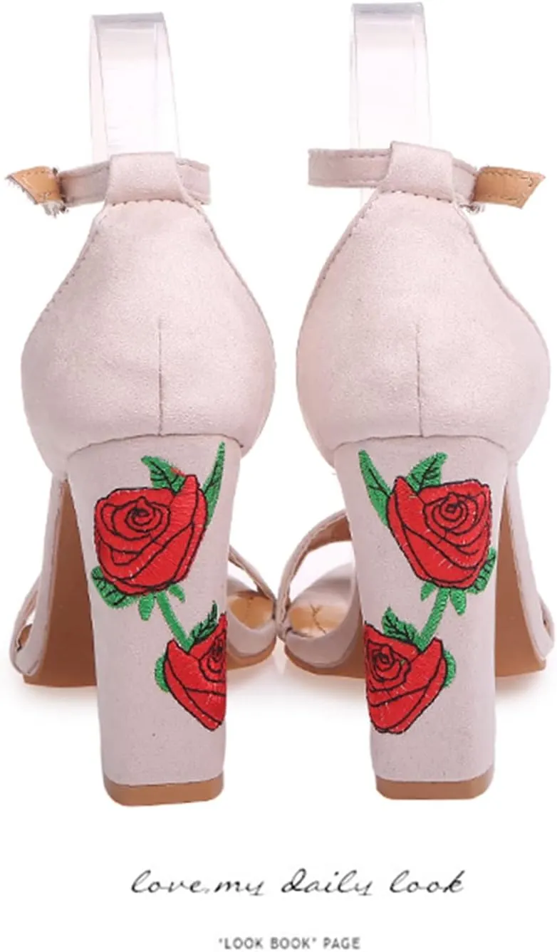 ZBYY Sandals for Women Dressy Summer Floral Embroidered Chunky High Heels Shoes Peep Toe Ankle Strap Wedding Sandals