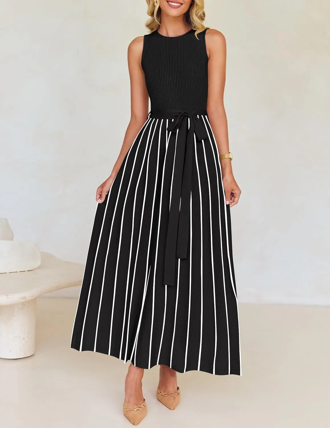 ZESICA Women's Summer Sleeveless Midi Dress 2025 Crewneck Ribbed Knit Tie Waist Casual A Line Swing Dresses