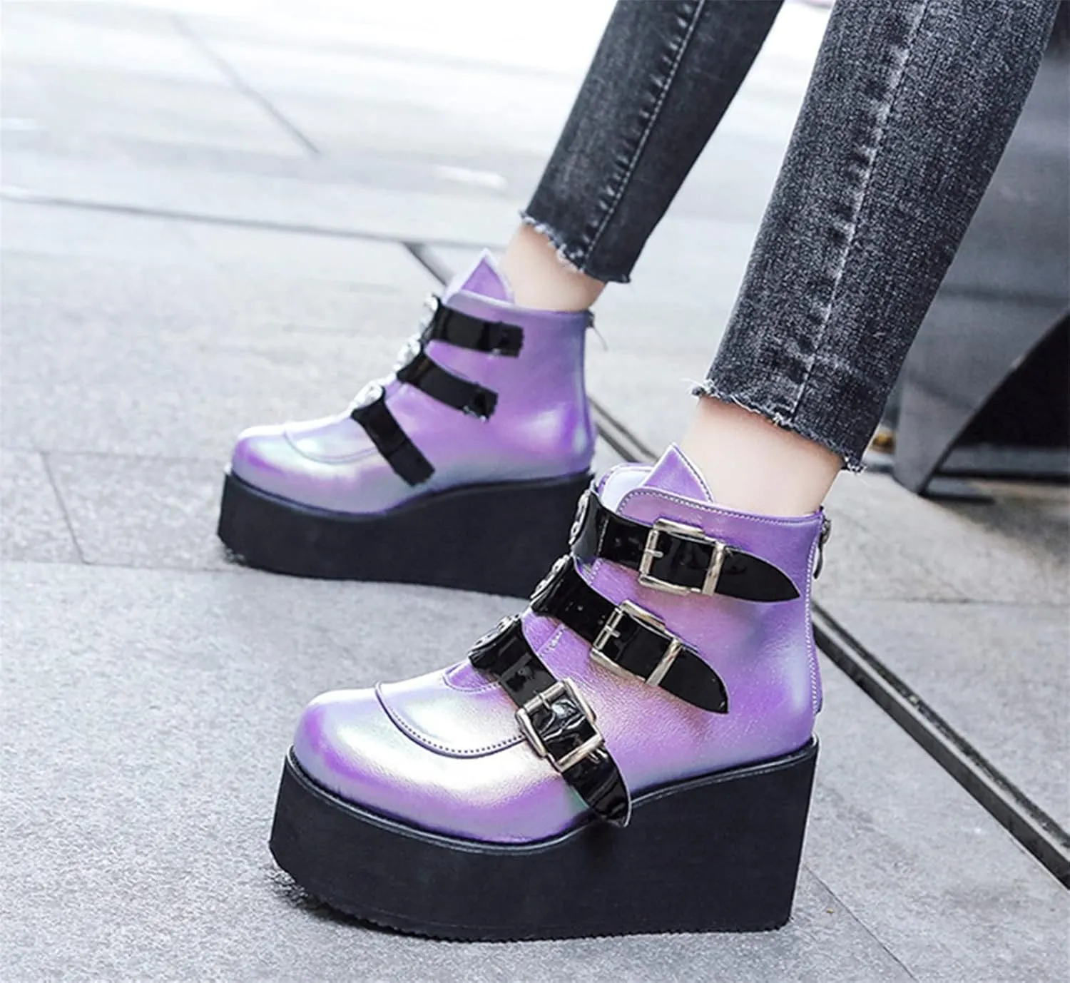 ZKXYFFS Womens Platform Chunky Ankle Boots Round Toe Buckle Zipper Thick Sole Punk Goth Booties Wedges Boots for Women