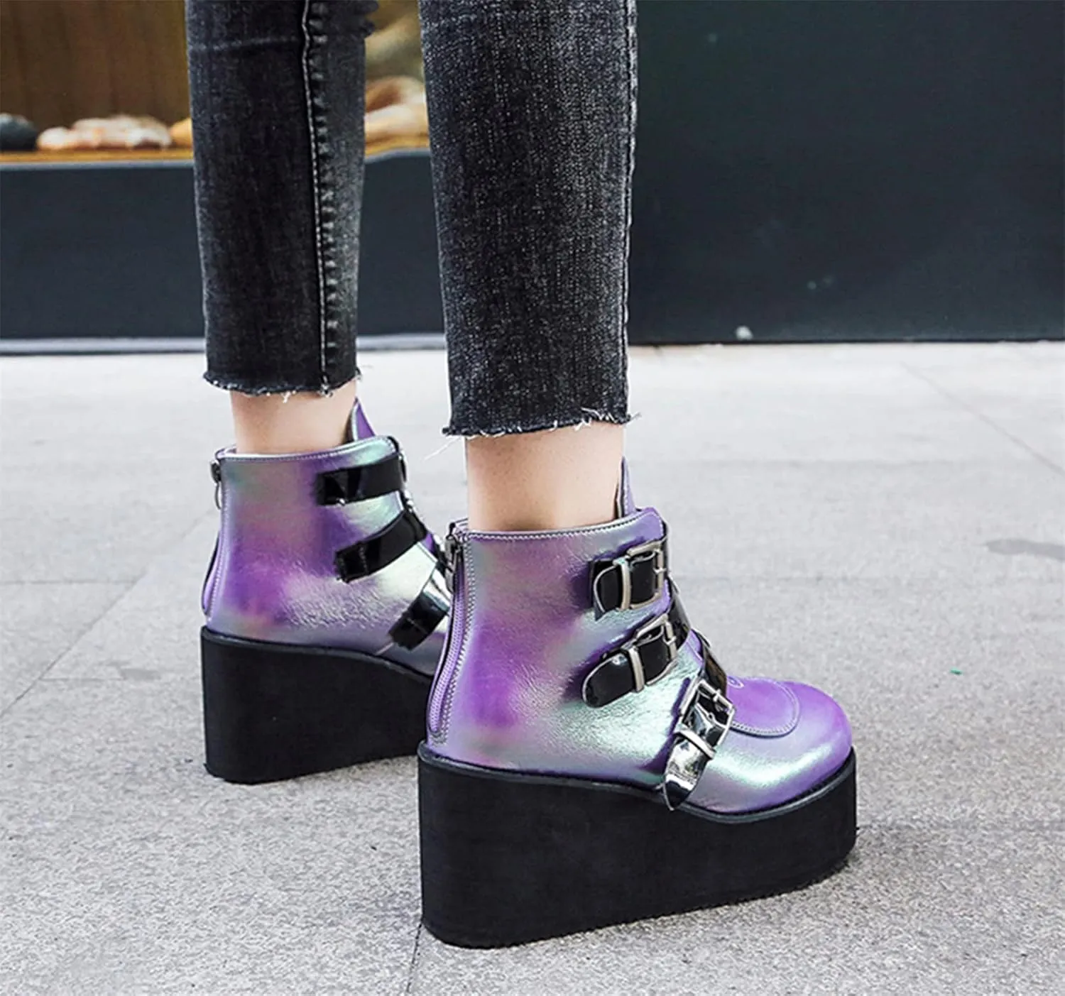 ZKXYFFS Womens Platform Chunky Ankle Boots Round Toe Buckle Zipper Thick Sole Punk Goth Booties Wedges Boots for Women