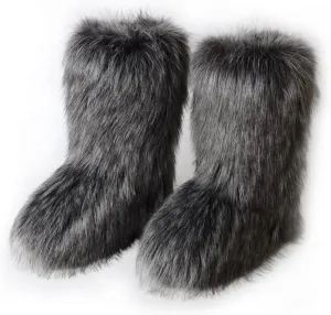 ZOSCGJMY Faux Fur Boots for Women Fuzzy Fluffy Furry Round Toe Suede Winter Snow Boots Flat Shoes